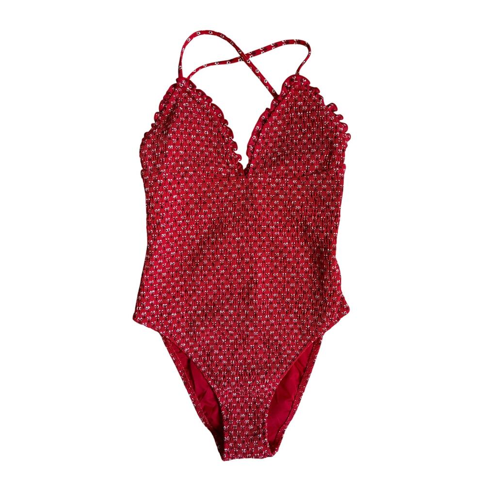 J.Crew Smocked Ruffle-Trim One-Piece Swimsuit (Red Ditsy Floral Print) - 8